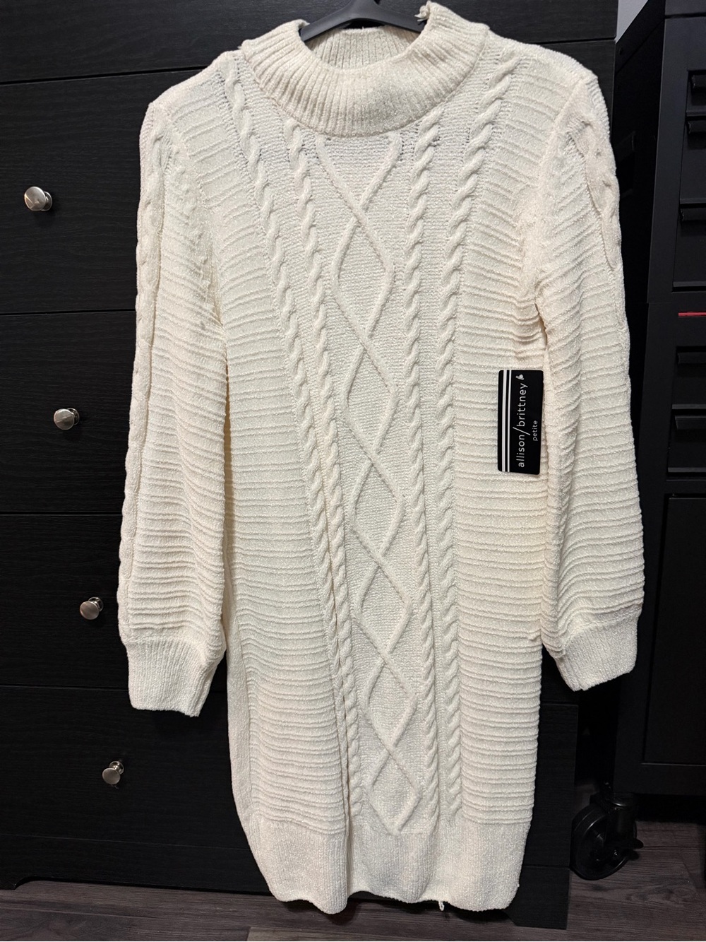 Allison Brittney Cream Cable Knit Turtleneck Sweater Dress